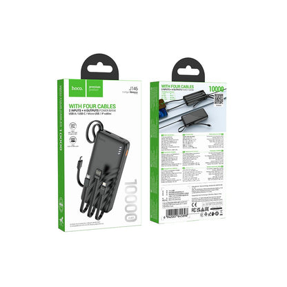 Bateria Externa HOCO J146, 10000mAh, 10W, 1 x Lightning - 1 x microUSB - 1 x USB-A - 1 x USB-C, Preta