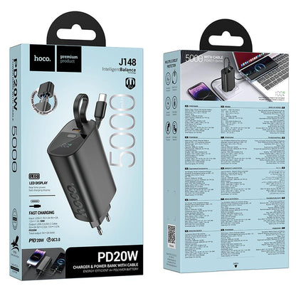 Bateria Externa HOCO J148 2 em 1, 5000 mAh, 20 W, PD, 2 x USB-C, Preta