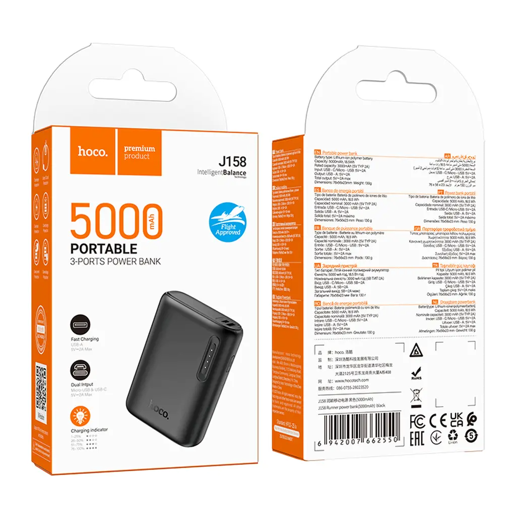 Bateria Externa HOCO J158, 5000mAh, 10W, 1 x USB-A, Preta