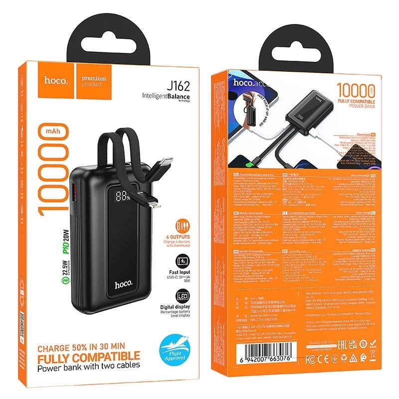 Bateria Externa HOCO J162, 10000mAh, 22.5W, QC + PD, 1 x Lightning - 1 x USB-A - 2 x USB-C, Preta