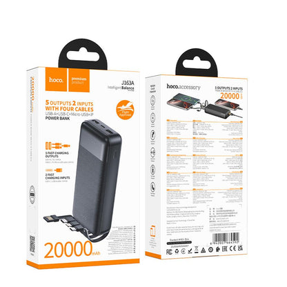 Bateria Externa HOCO J163A, 20000 mAh, 10 W, 1 x Lightning - 1 x microUSB - 1 x USB-C - 2 x USB-A, Preta