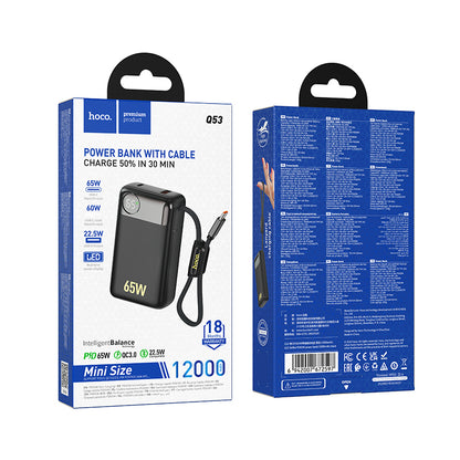 Bateria Externa HOCO Q53, 12000mAh, 65W, QC + PD, 1 x USB-A - 2 x USB-C, Preta