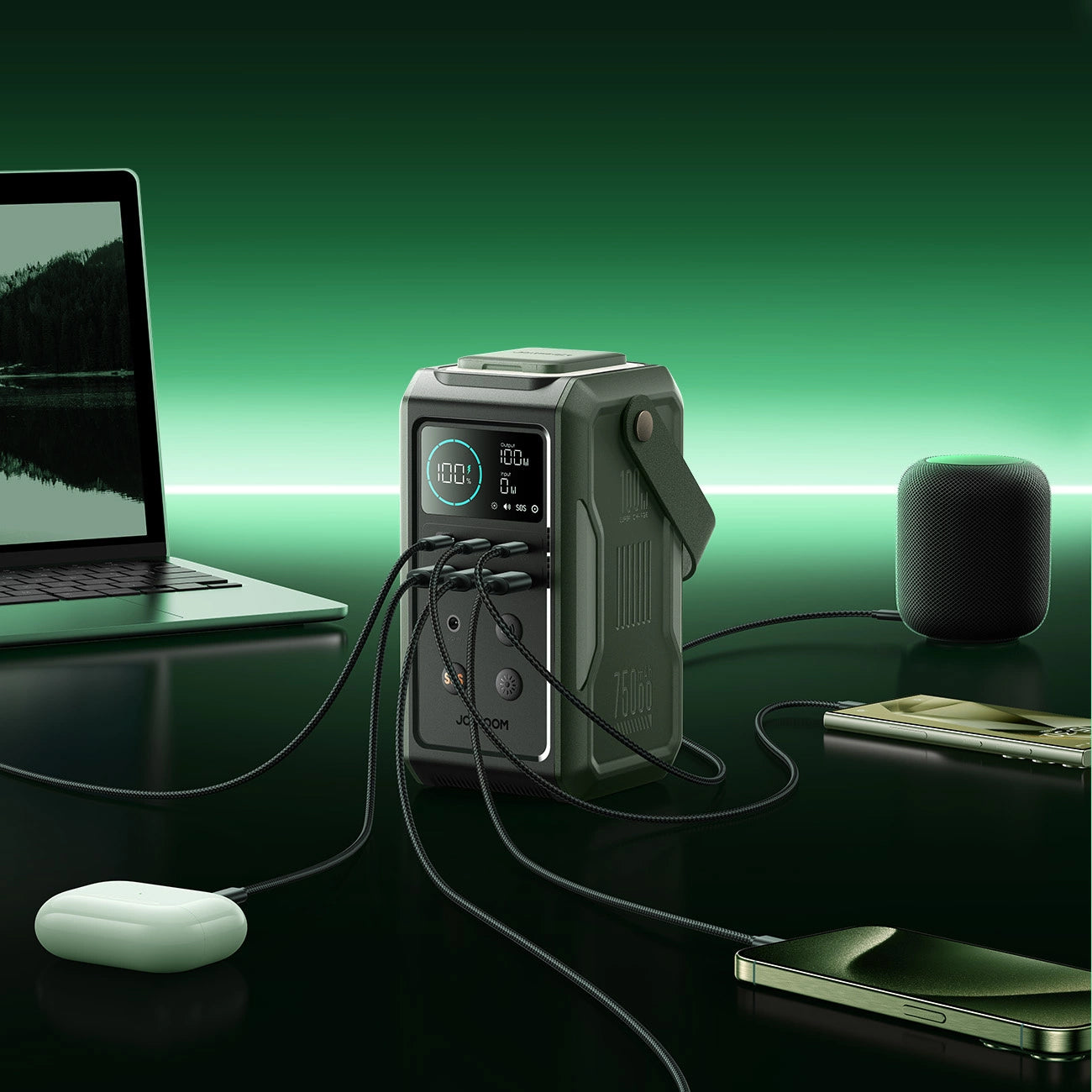 Bateria Externa Joyroom JR-PBF10, 75000mAh, 100W, QC + PD, 3 x USB-A - 3 x USB-C, Verde