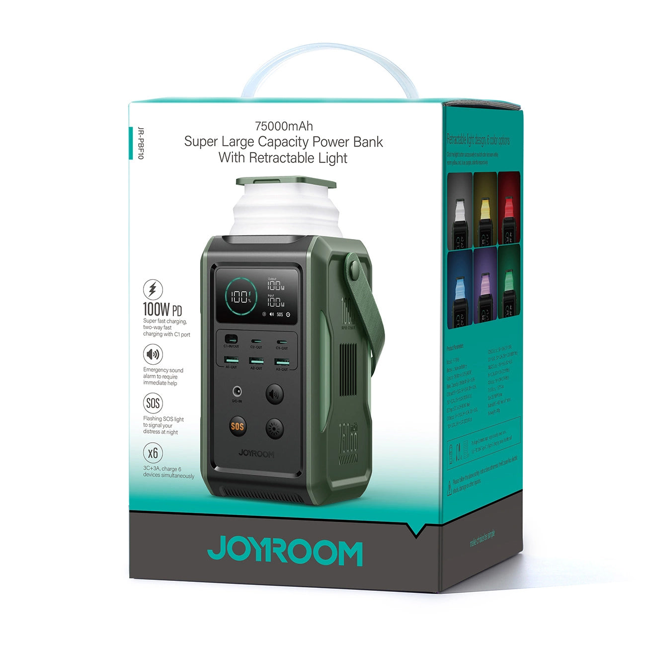 Bateria Externa Joyroom JR-PBF10, 75000mAh, 100W, QC + PD, 3 x USB-A - 3 x USB-C, Verde
