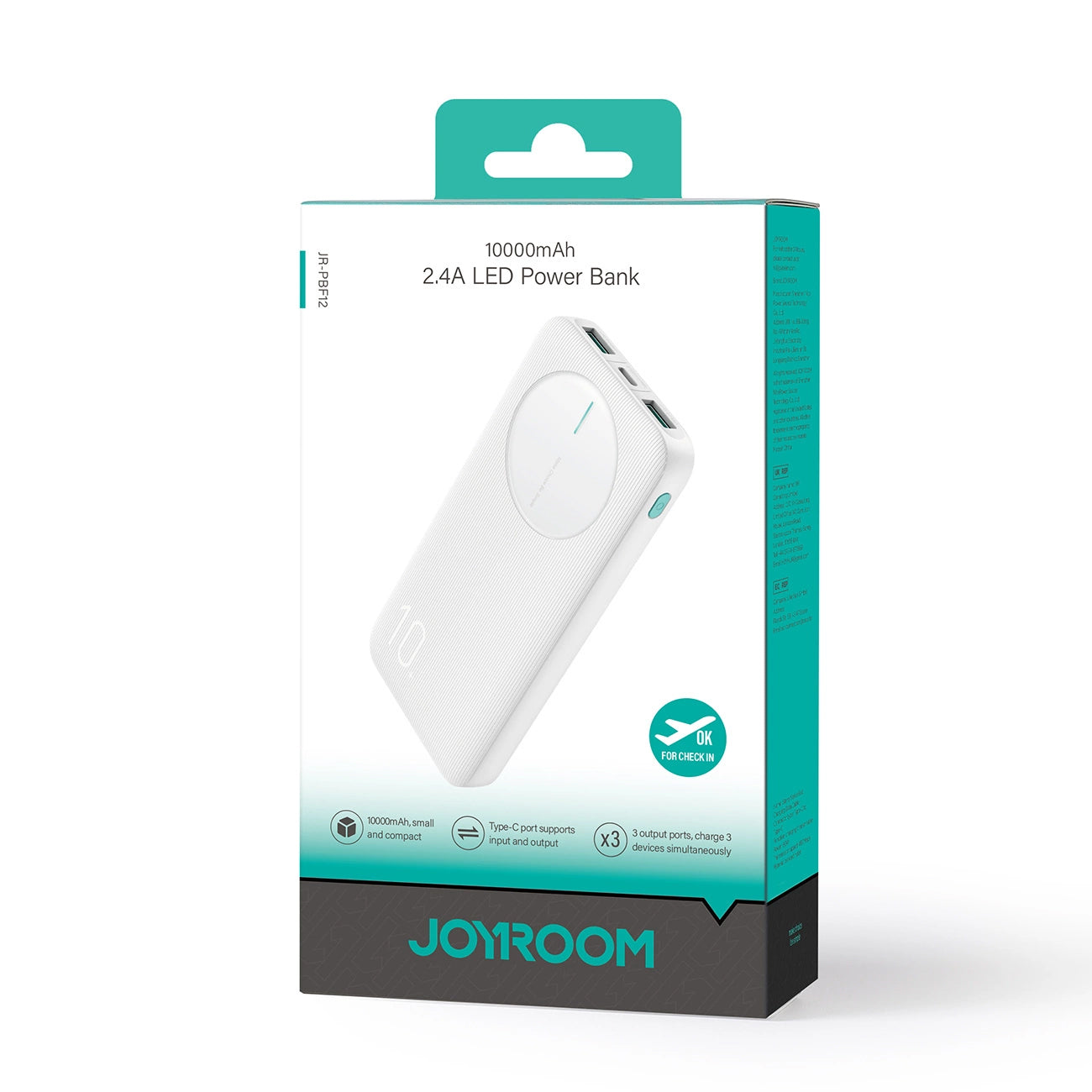 Bateria Externa Joyroom JR-PBF12, 10000mAh, 12W, 1 x USB-C - 2 x USB-A, Branca