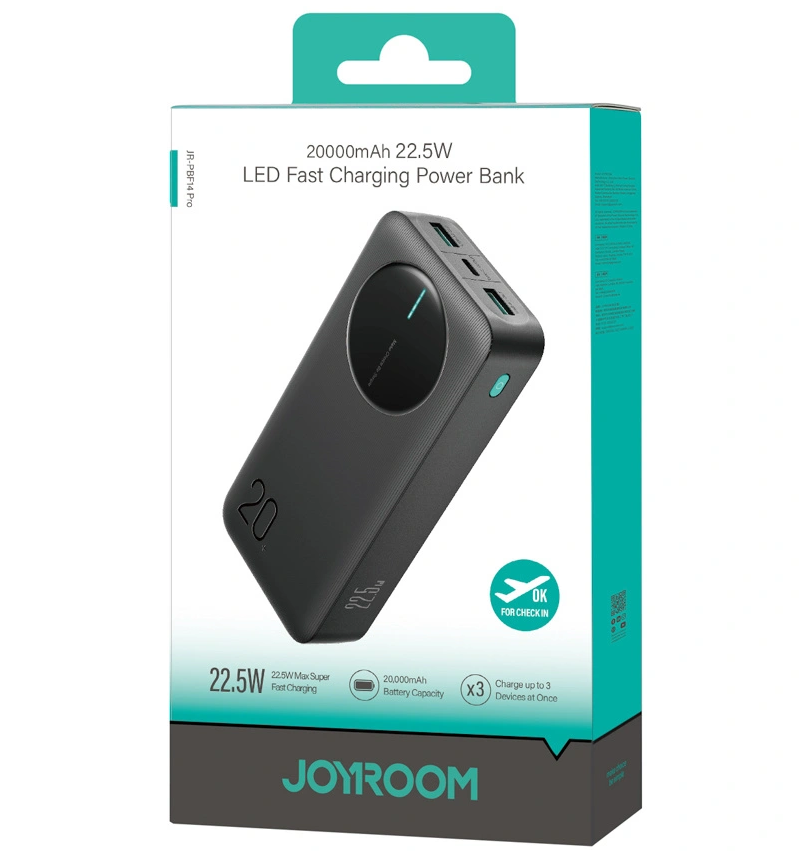 Bateria Externa Joyroom JR-PBF14 Pro, 20000mAh, 22.5W, QC + PD, 1 x USB-C - 2 x USB-A, Preta