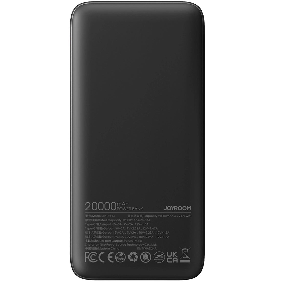 Bateria externa Joyroom JR-PBF16, 20000mAh, 22,5W, QC + PD, 1 x USB-C - 2 x USB-A, preto 