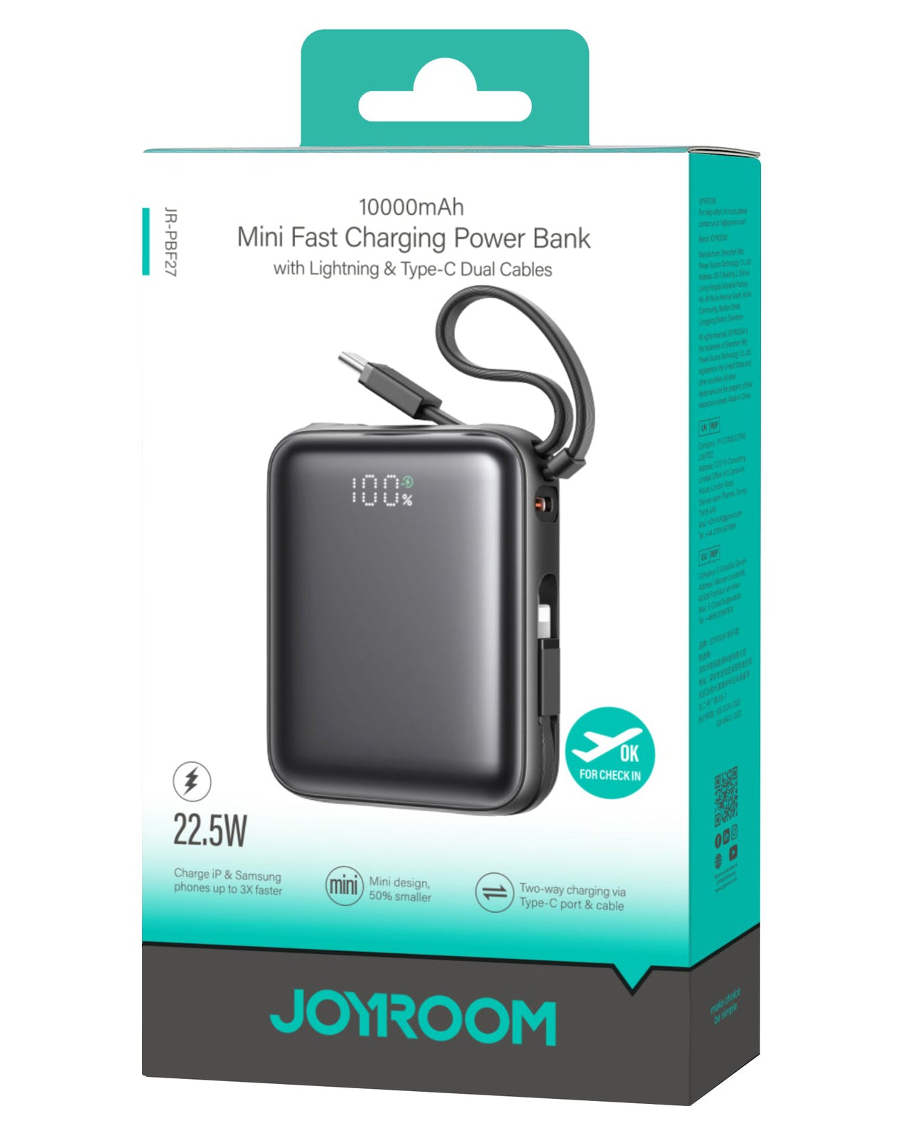 Bateria Externa Joyroom JR-PBF27, 10000mAh, 22.5W, QC + PD, 1 x Lightning - 2 x USB-C, Preta