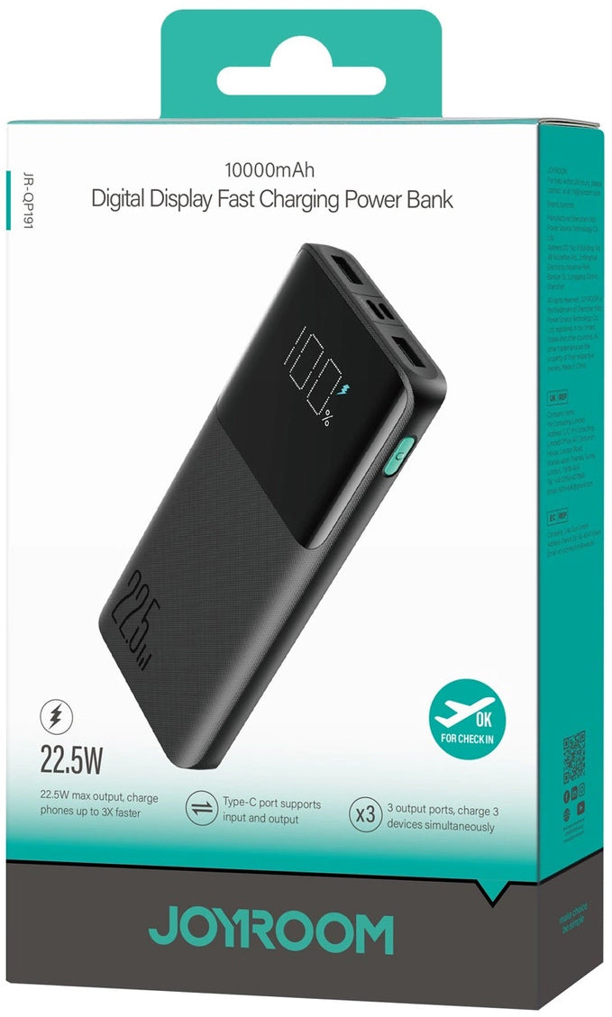 Bateria Externa Joyroom JR-QP191, 10000mAh, 22.5W, QC + PD, 1 x USB-C - 2 x USB-A, Preta
