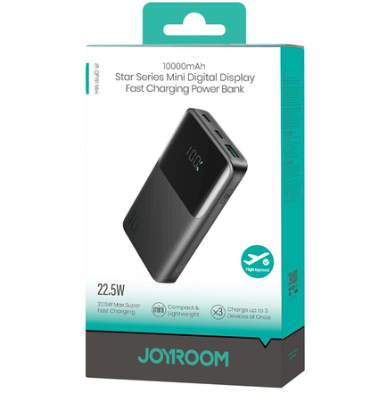 Bateria Externa Joyroom JR-QP191, 10000mAh, 22.5W, QC + PD, 1 x USB-A - 2 x USB-C, Preta