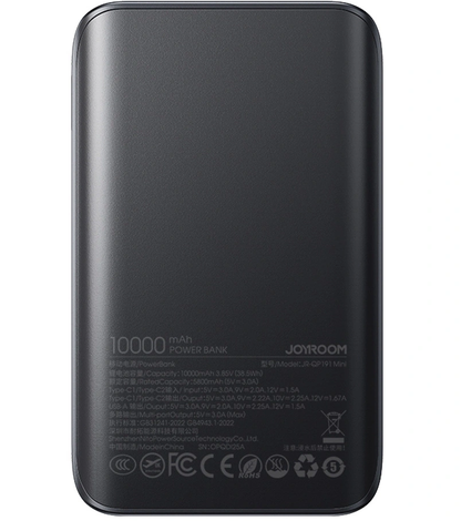 Bateria Externa Joyroom JR-QP191, 10000mAh, 22.5W, QC + PD, 1 x USB-A - 2 x USB-C, Preta