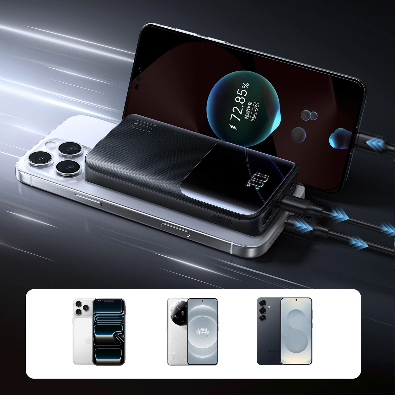 Bateria Externa Joyroom JR-QP191, 10000mAh, 22.5W, QC + PD, 1 x USB-A - 2 x USB-C, Preta