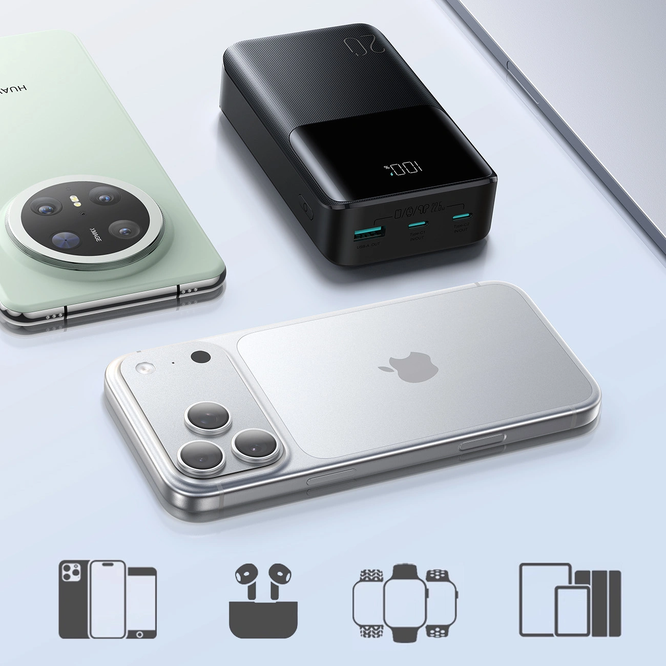 Bateria Externa Joyroom JR-QP192, 20000mAh, 22.5W, QC + PD, 1 x USB-A - 2 x USB-C, Preta