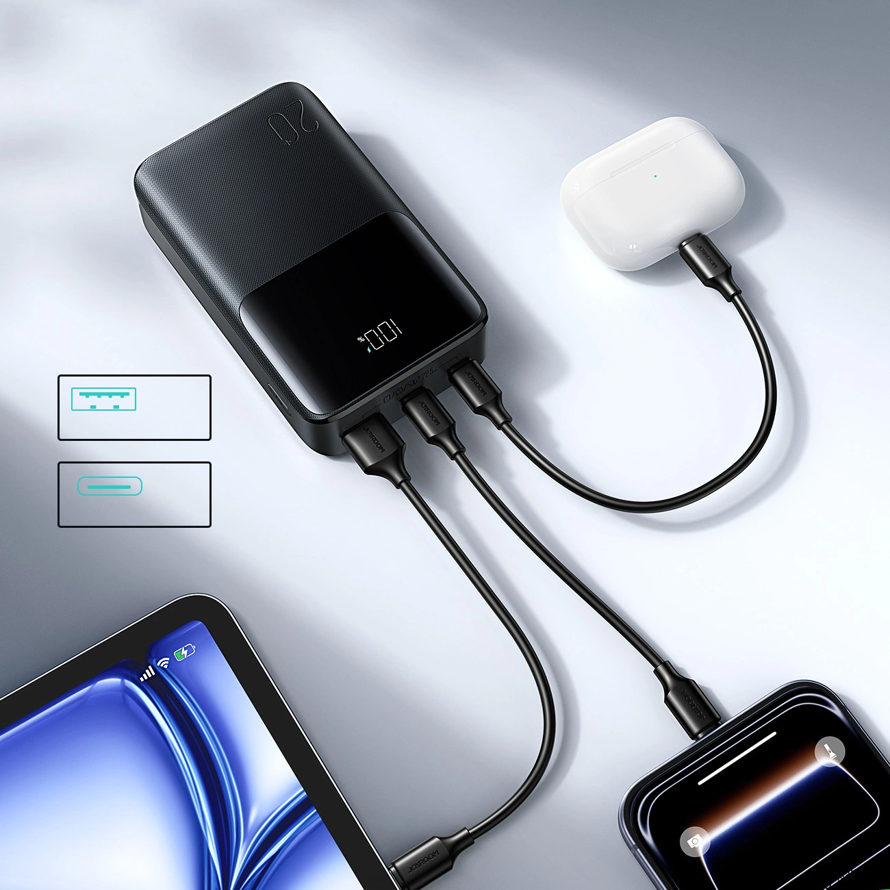 Bateria Externa Joyroom JR-QP192, 20000mAh, 22.5W, QC + PD, 1 x USB-A - 2 x USB-C, Preta