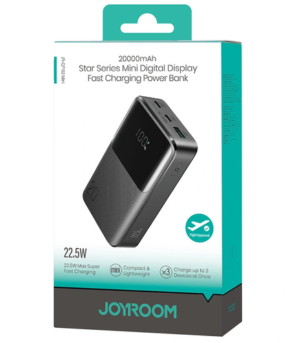 Bateria Externa Joyroom JR-QP192, 20000mAh, 22.5W, QC + PD, 1 x USB-A - 2 x USB-C, Preta