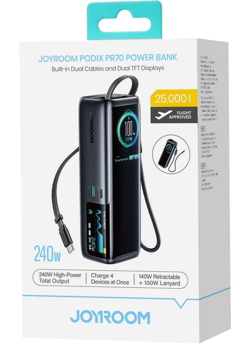 Bateria Externa Joyroom PODIX PR70, 25000mAh, 240W, QC + PD, 1 x USB-A - 3 x USB-C, Preta