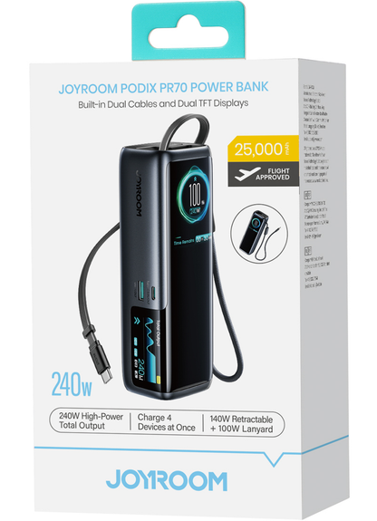 Bateria Externa Joyroom PODIX PR70, 25000mAh, 240W, QC + PD, 1 x USB-A - 3 x USB-C, Preta