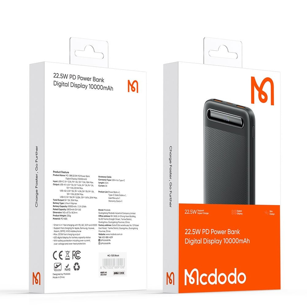 Bateria Externa McDodo MC-3881 Star, 10000mAh, 22.5W, QC + PD, 2 x USB-A - 1 x USB-C, Preta