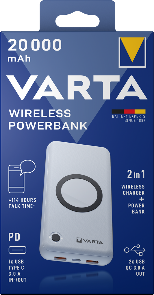 Bateria externa sem fios Varta Energy, 20000mAh, 18W, QC + PD + FQI, 1 x QI - 1 x USB-C - 2 x USB-A, Branco