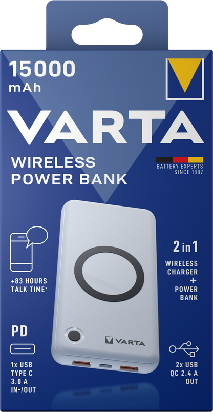 Bateria externa sem fios Varta Energy, 15000mAh, 18W, QC + PD + FQI, 1 x QI - 1 x USB-C - 2 x USB-A, branco