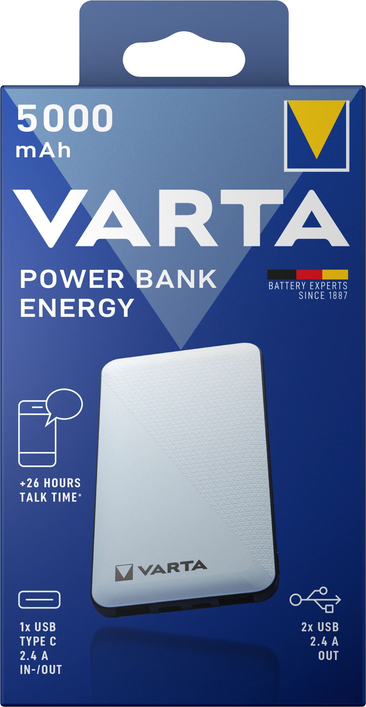 Bateria externa Varta Energy, 5000mAh, 15W, 2 x USB-A - 1 x USB-C, Branco