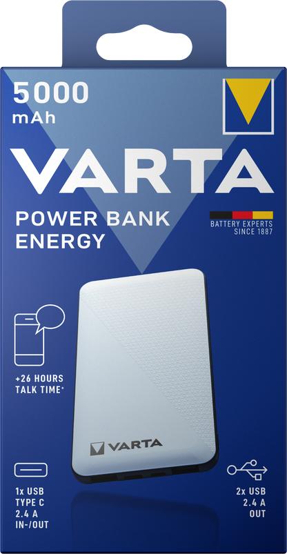 Bateria externa Varta Energy, 5000mAh, 15W, 2 x USB-A - 1 x USB-C, Branco