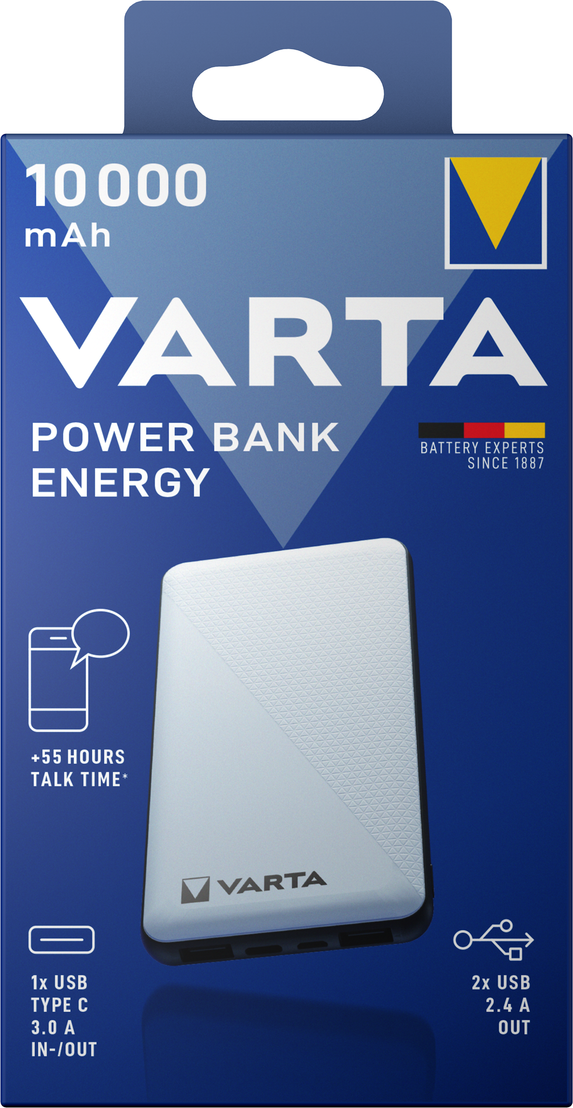 Bateria externa Varta Energy, 10000mAh, 15W, 2 x USB-A - 1 x USB-C, Branco