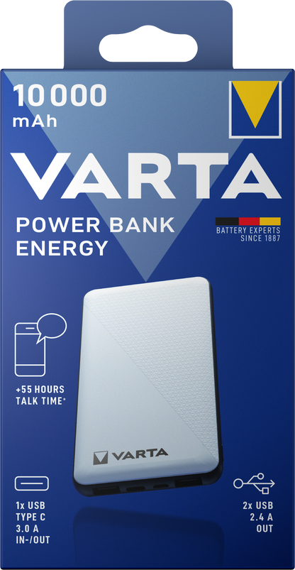 Bateria externa Varta Energy, 10000mAh, 15W, 2 x USB-A - 1 x USB-C, Branco