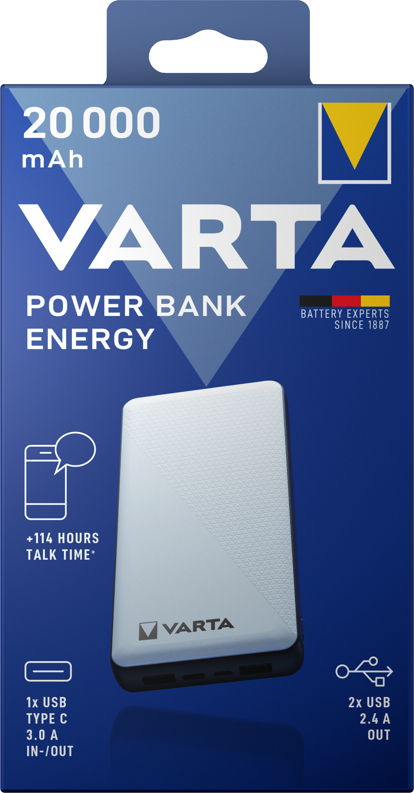 Bateria externa Varta Energy, 20000mAh, 15W, 2 x USB-A - 1 x USB-C, Branco