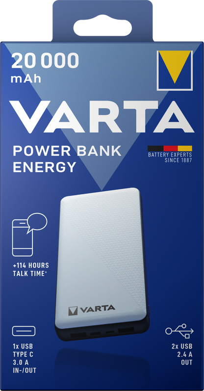 Bateria externa Varta Energy, 20000mAh, 15W, 2 x USB-A - 1 x USB-C, Branco