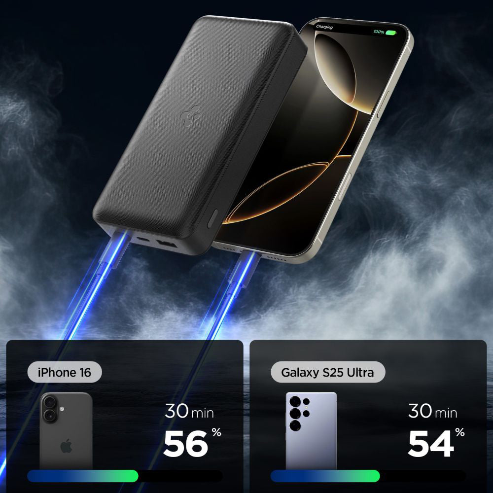 Bateria Externa Spigen, 30000mAh, 30W, QC + PD, 1 x USB-A - 2 x USB-C, Preta