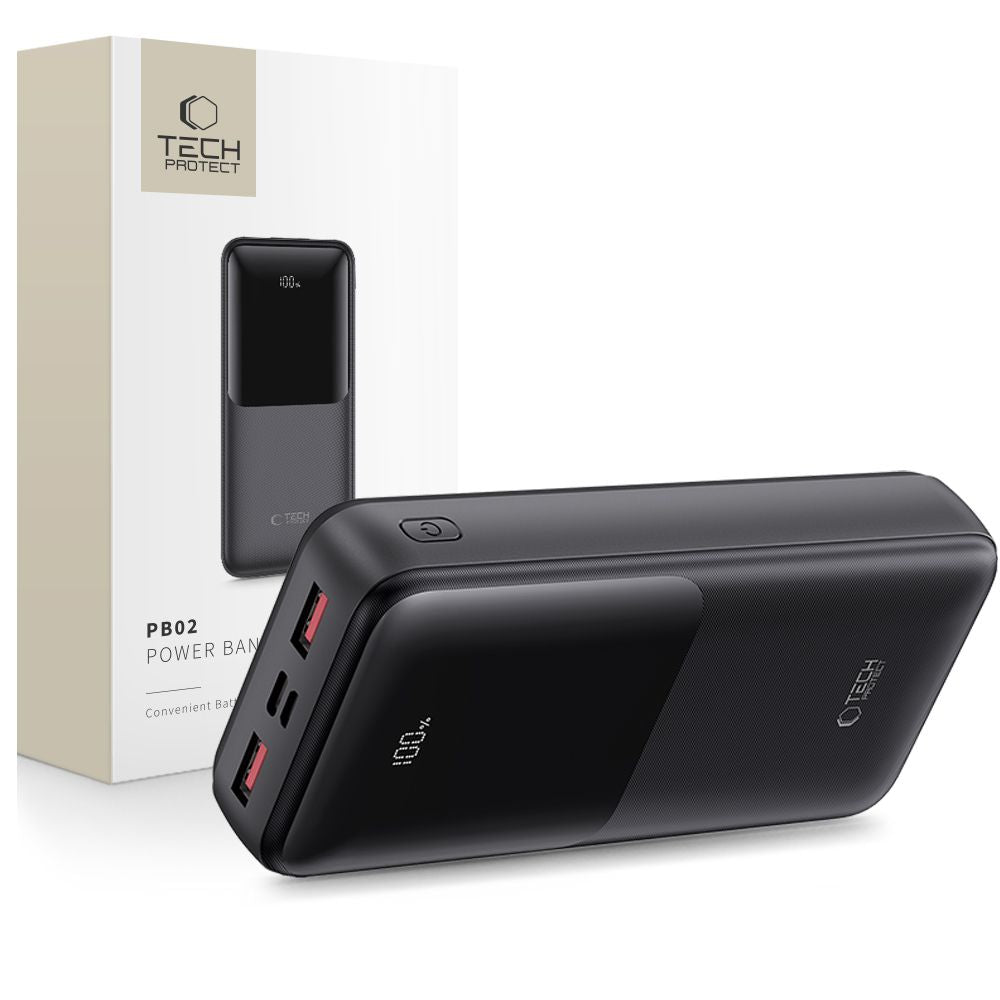 Bateria Externa Tech-Protect PB02, 20000mAh, 22.5W, QC + PD, 1 x USB-C - 2 x USB-A, Preta