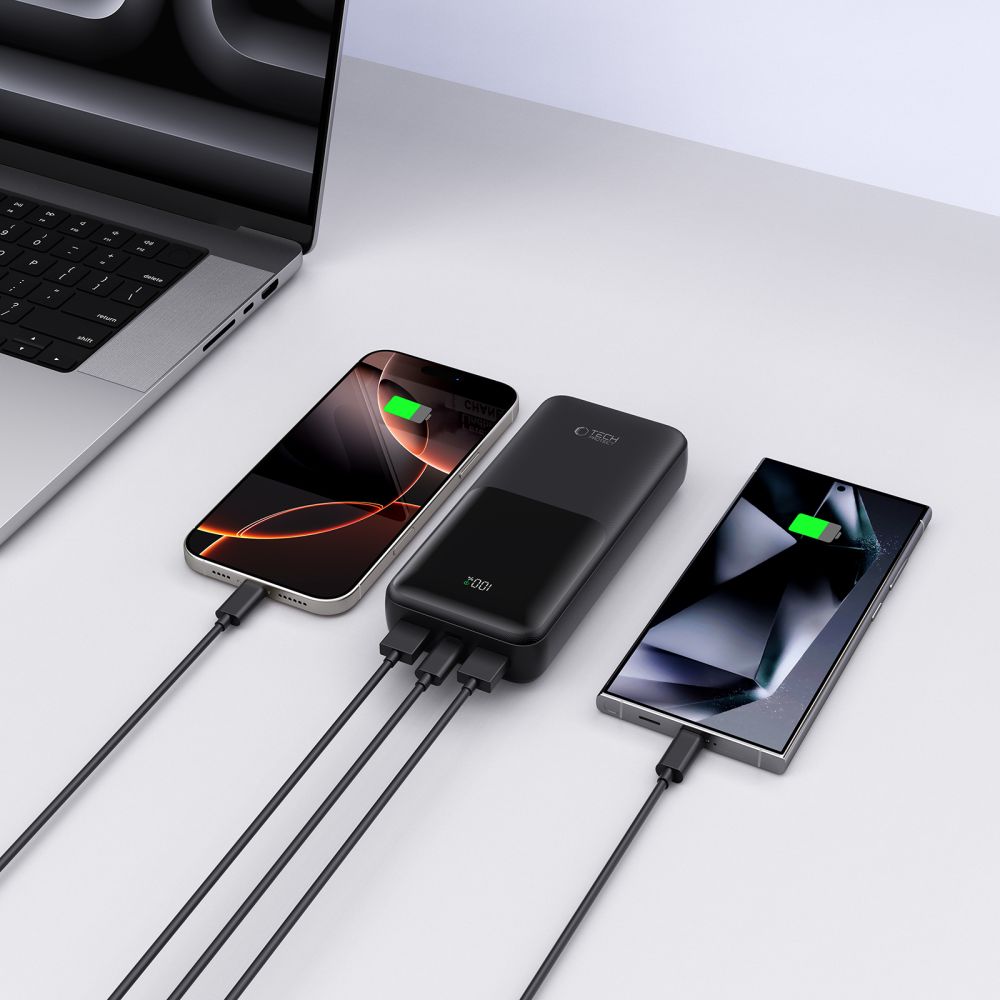 Bateria Externa Tech-Protect PB02, 20000mAh, 22.5W, QC + PD, 1 x USB-C - 2 x USB-A, Preta