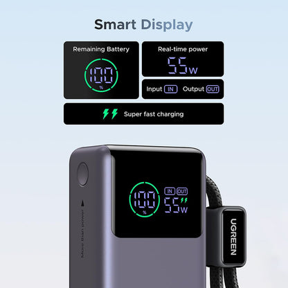 UGREEN Nexode Pro PB727 External Battery (85301B), 10000mAh, 55W, QC + PD, 1 x USB-A - 2 x USB-C, Gray