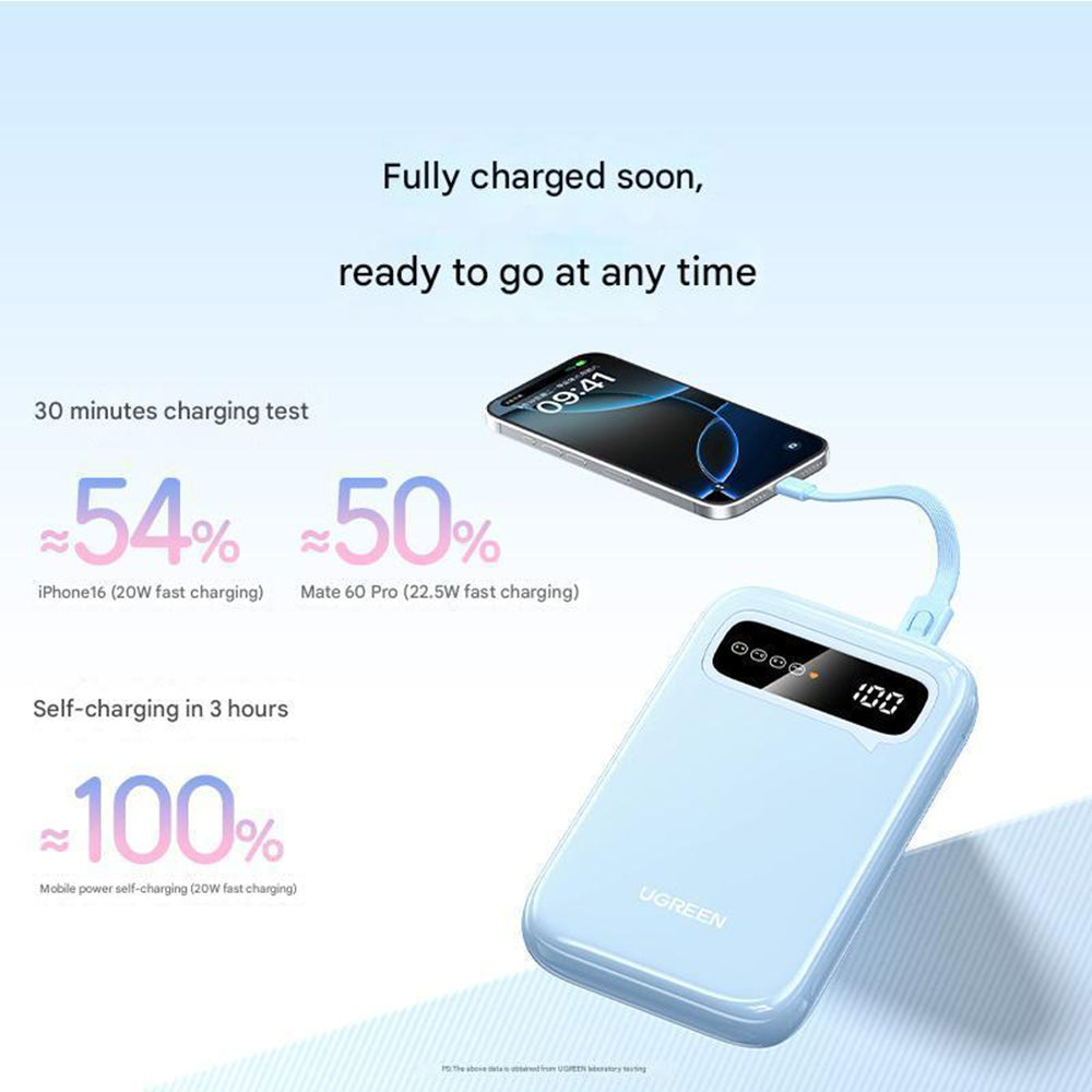 Bateria Externa UGREEN PB522, 10000mAh, 20W, QC + PD, 1 x USB-A - 1 x USB-C, Azul