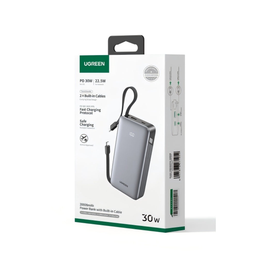 Bateria Externa UGREEN PB528 (55985B), 20000mAh, 30W, QC + PD, 1 x USB-A - 3 x USB-C, Cinzento