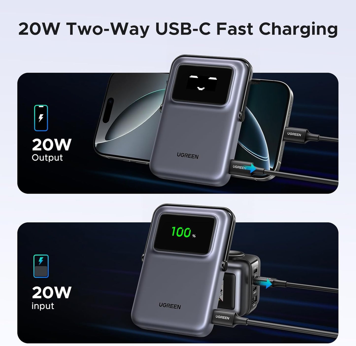 Bateria Externa Wireless UGREEN PB572 Uno, 10000mAh, 20W, PD + FQI, 1 x QI - 1 x USB-C, Cinzento
