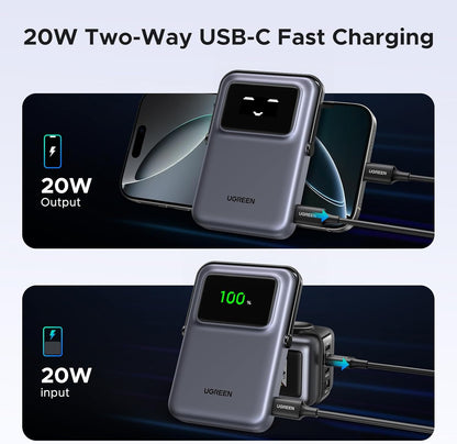 Bateria Externa Wireless UGREEN PB572 Uno, 10000mAh, 20W, PD + FQI, 1 x QI - 1 x USB-C, Cinzento