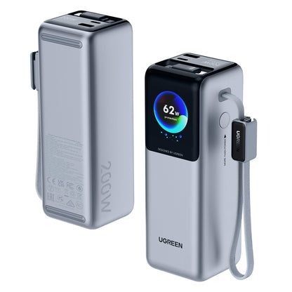 Bateria Externa UGREEN PB728 (75702B), 25000mAh, 200W, QC + PD, 1 x USB-A - 2 x USB-C, Cinzento
