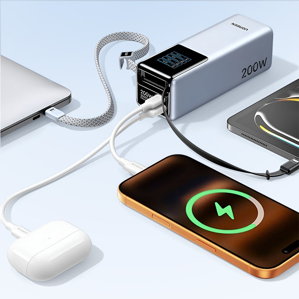 Bateria Externa UGREEN PB728 (75702B), 25000mAh, 200W, QC + PD, 1 x USB-A - 2 x USB-C, Cinzento