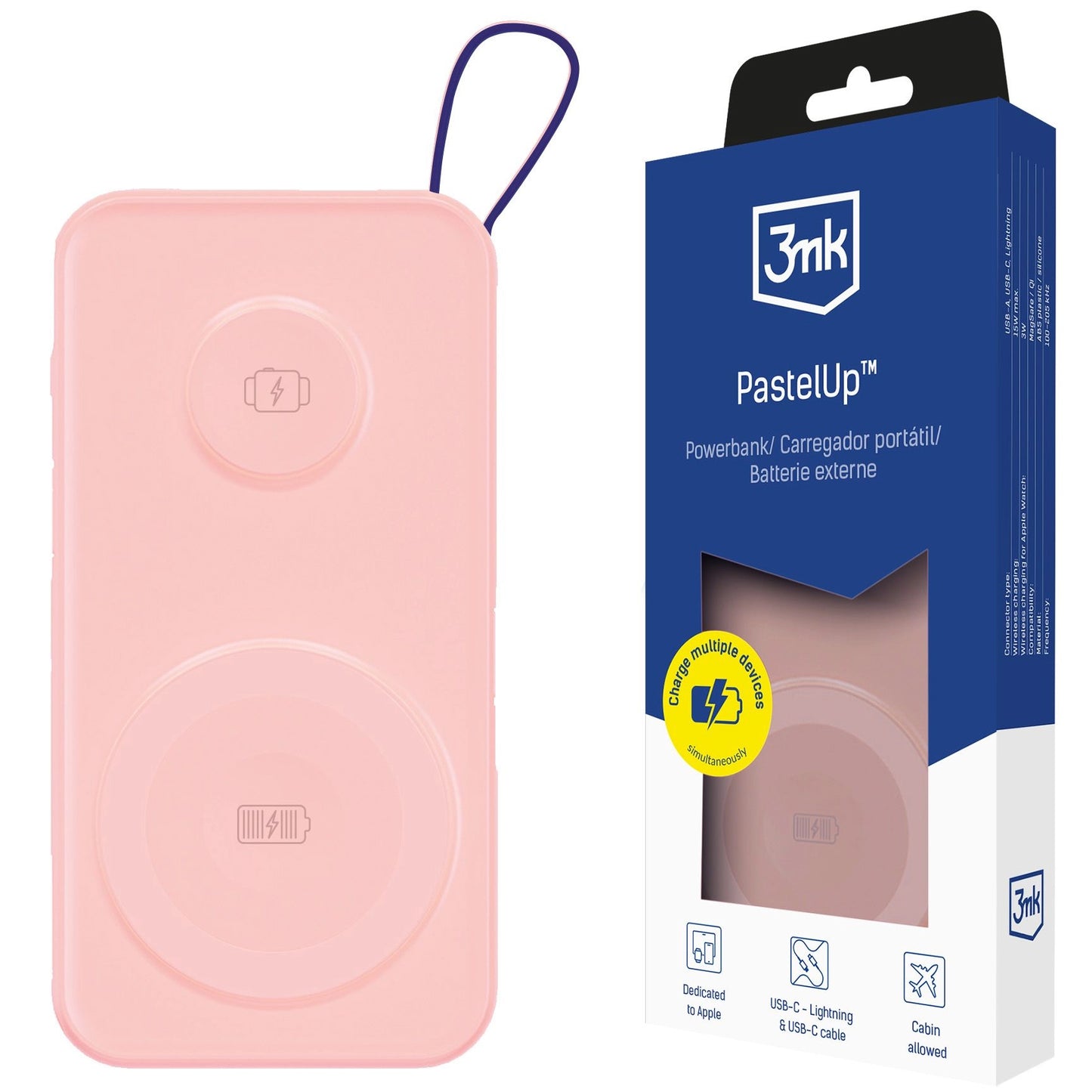 Bateria Externa Wireless 3MK PastelUp, 10000mAh, 22.5W, QC + PD + FQI, 1 x USB-A - 1 x USB-C - 2 x QI, Rosa