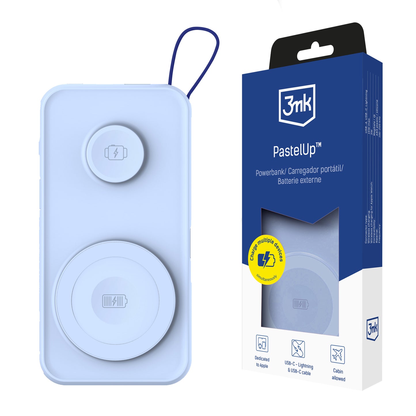 Bateria externa sem fios 3MK PastelUp, 10000mAh, 22,5W, QC + PD + FQI, 1 x USB-A - 1 x USB-C - 2 x QI, azul