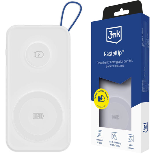 Bateria Externa Wireless 3MK PastelUp, 10000mAh, 22.5W, QC + PD + FQI, 1 x USB-A - 1 x USB-C - 2 x QI, Branca