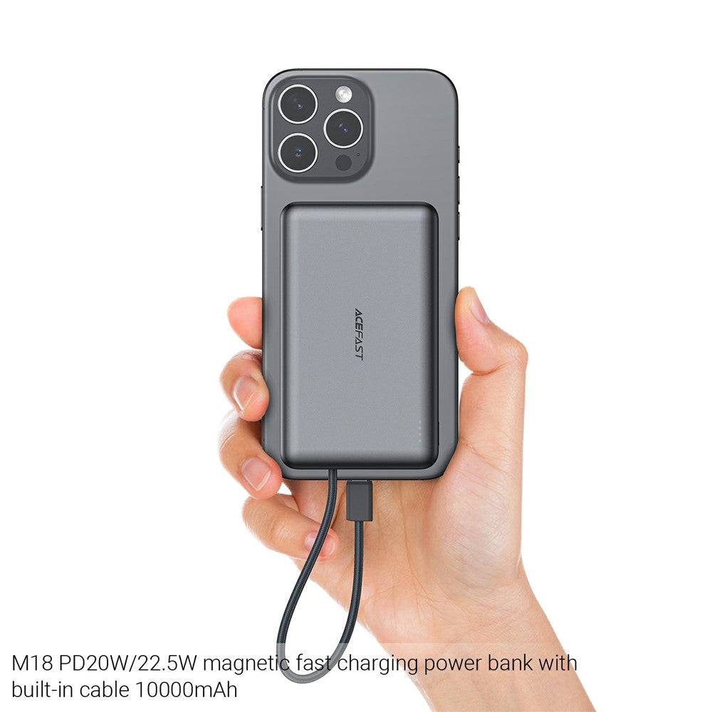 Bateria Externa Wireless Acefast M18, 10000mAh, 22.5W, PD + FQI, 1 x QI - 2 x USB-C, Preta
