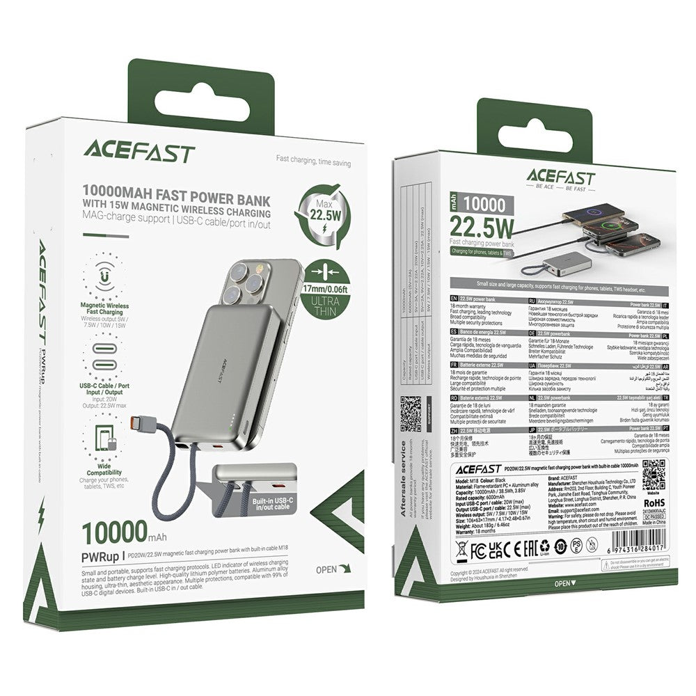 Bateria Externa Wireless Acefast M18, 10000mAh, 22.5W, PD + FQI, 1 x QI - 2 x USB-C, Preta