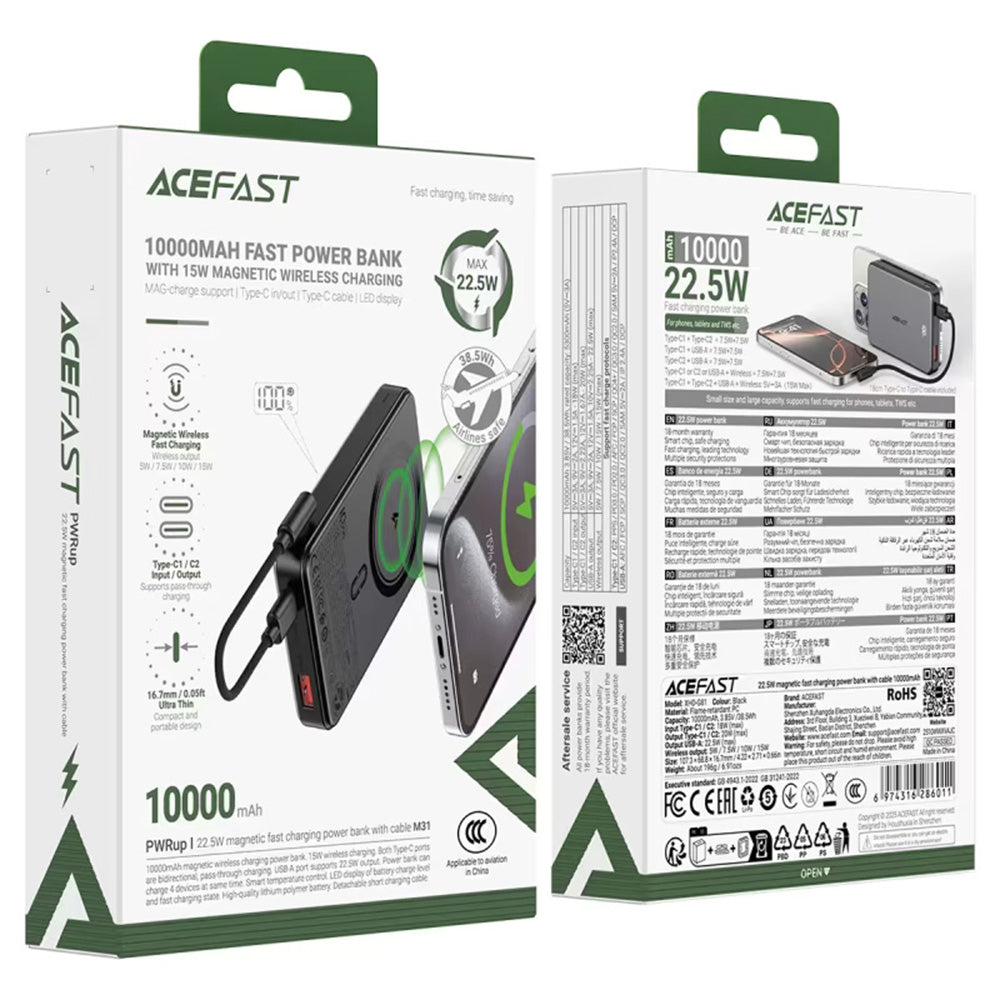 Bateria Externa Wireless Acefast M31, 10000mAh, 22.5W, QC + PD + FQI, 1 x QI - 1 x USB-A - 2 x USB-C, Preta