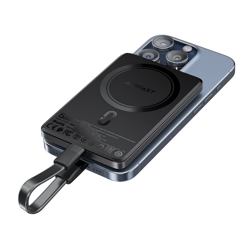 Bateria Externa Wireless Acefast M8, 5000mAh, 18W, PD + FQI, 1 x QI - 1 x USB-C, Preta