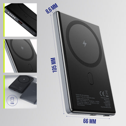 Bateria Externa Wireless Allity. APB-300, 5000mAh, 20W, PD + FQI, 1 x QI - 1 x USB-C, Cinzento