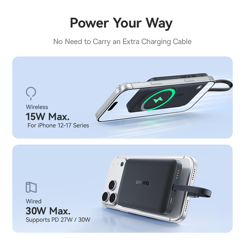 Bateria Externa Wireless Baseus EnerFill FM11, 10000 mAh, 30 W, PD + FQI, 1 x QI - 2 x USB-C, Preta E0028904