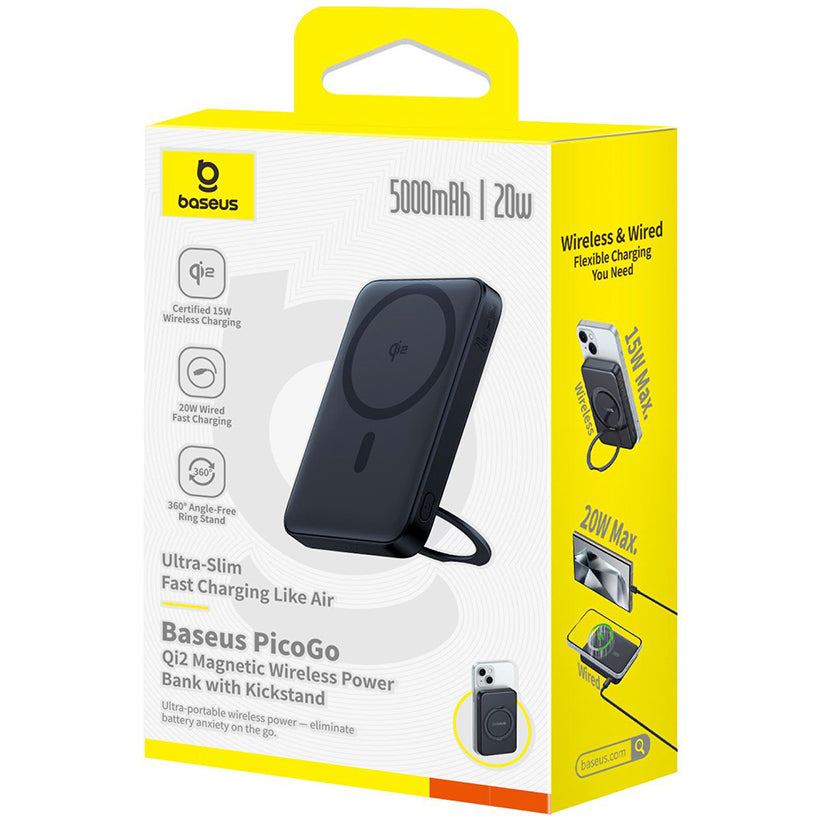 Bateria Externa Wireless Baseus PicoGo, 5000mAh, 20W, PD + FQI, 1 x QI - 1 x USB-C, Preta P10076802123-00